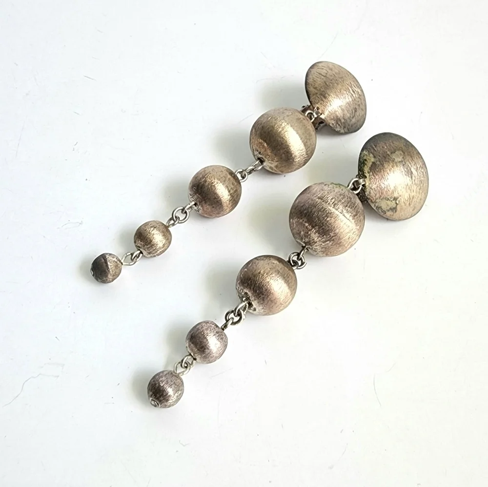 Vintage Clip-On Earrings RAGA Drop Textured Silver‎ Ball Sphere Beaded 60s 70s